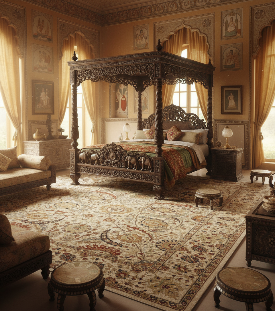 Elegant Beige Floral Medallion Carpet with Botanical