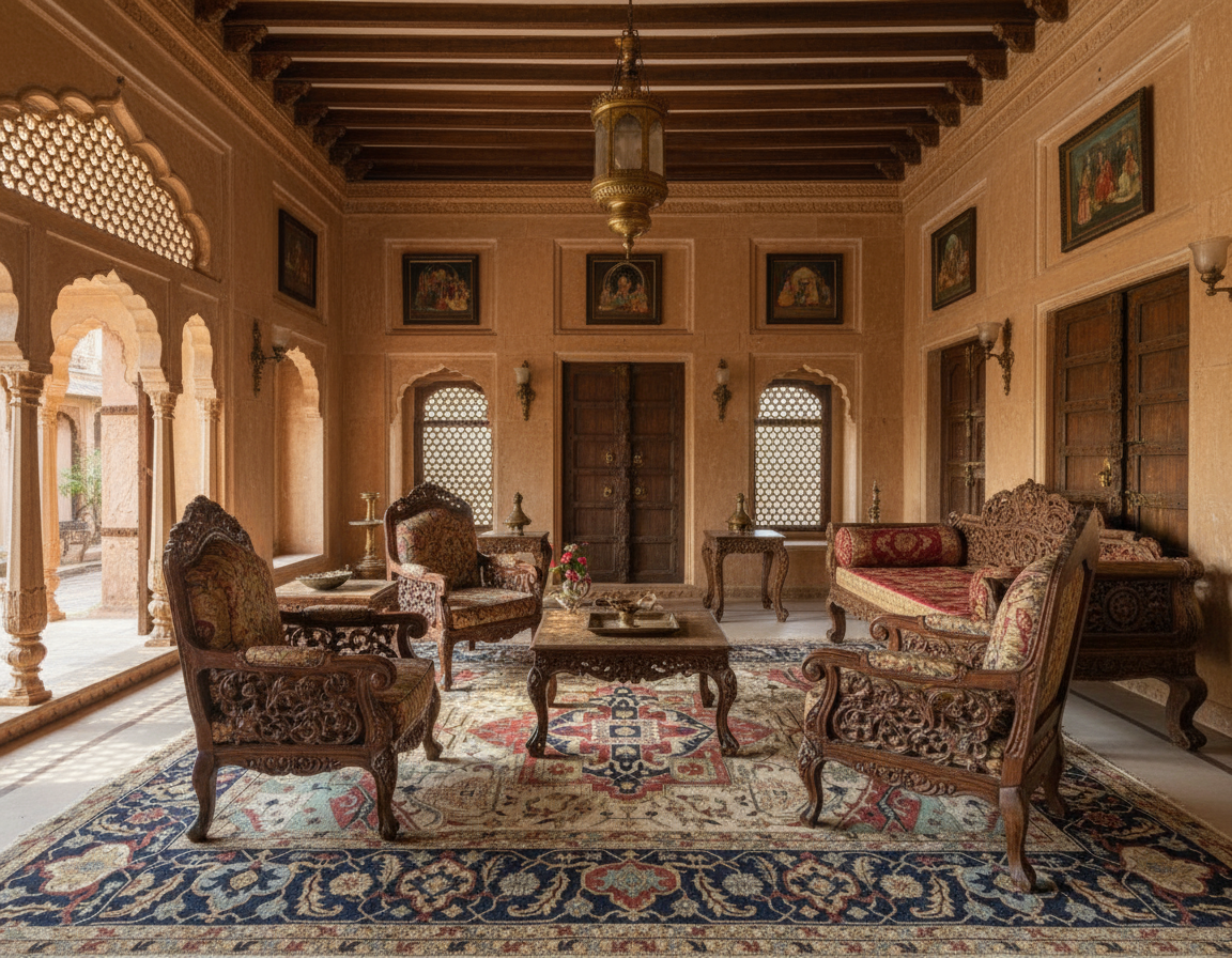 Magnificent Hand-Knotted Persian Inspired Heriz  Mugal Medallion Carpet with Traditional Floral and Geometric Motifs in Red, Navy, and Ivory