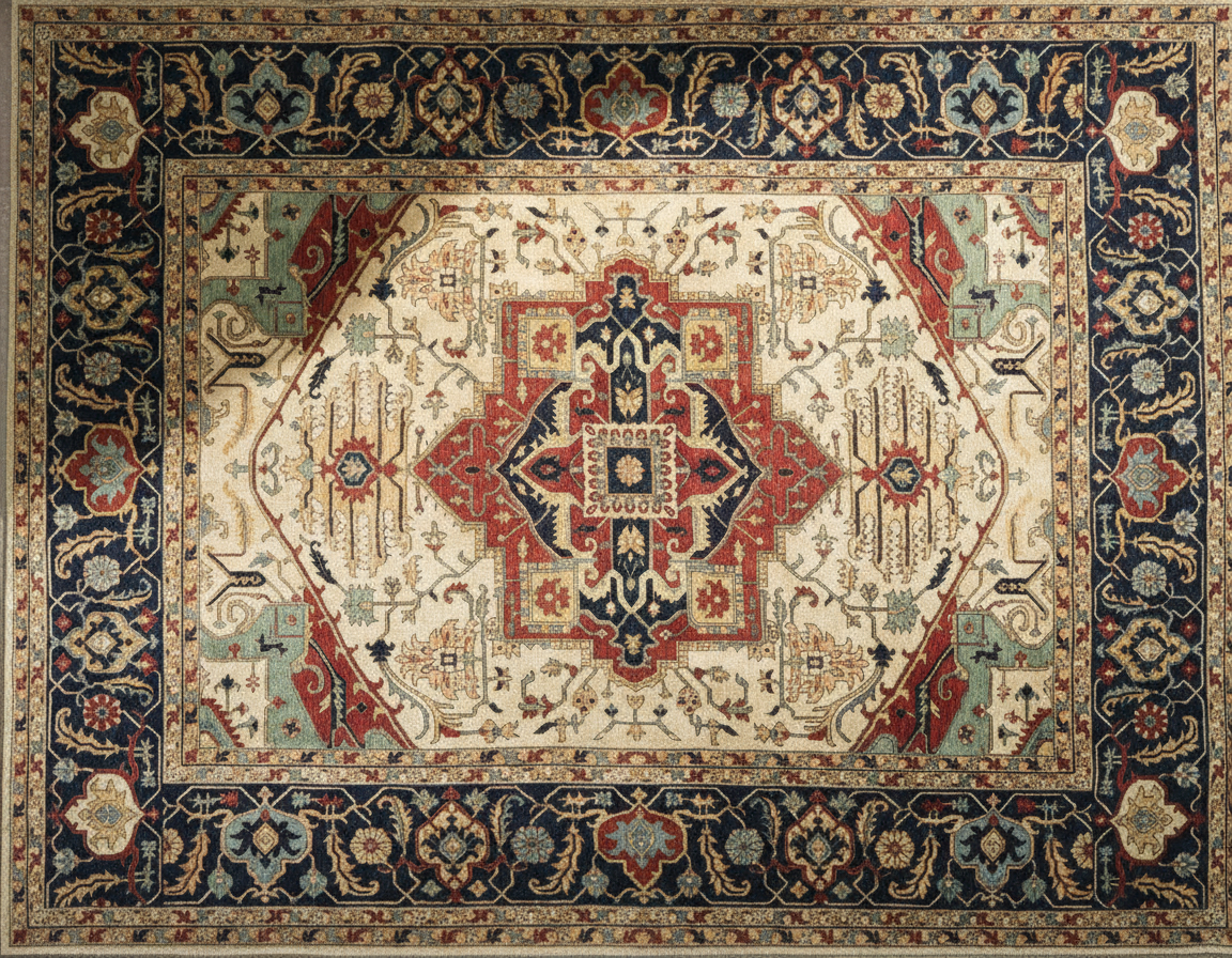 Magnificent Hand-Knotted Persian Inspired Heriz  Mugal Medallion Carpet with Traditional Floral and Geometric Motifs in Red, Navy, and Ivory