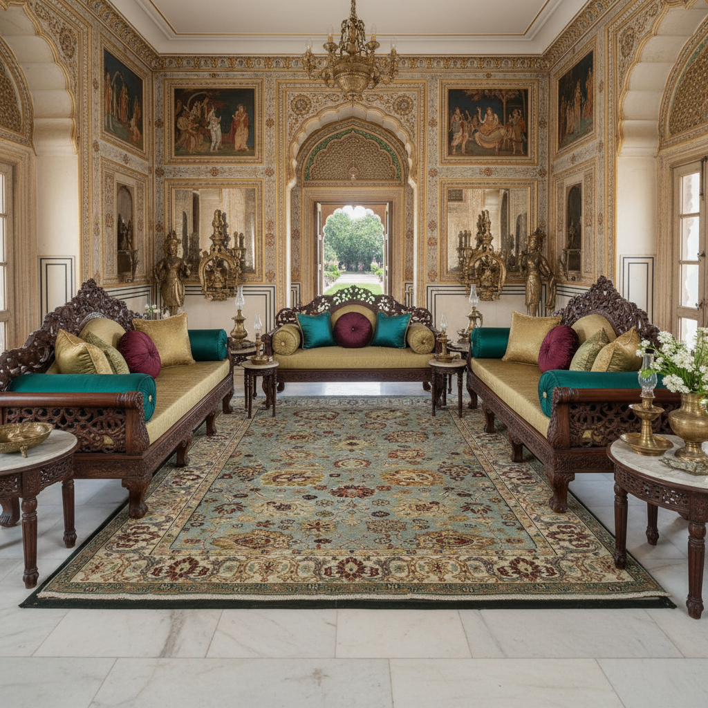 "Sage Blue Persian Oriental Area Rug – Floral Medallion Design, Hand-Knotted Traditional Carpet"