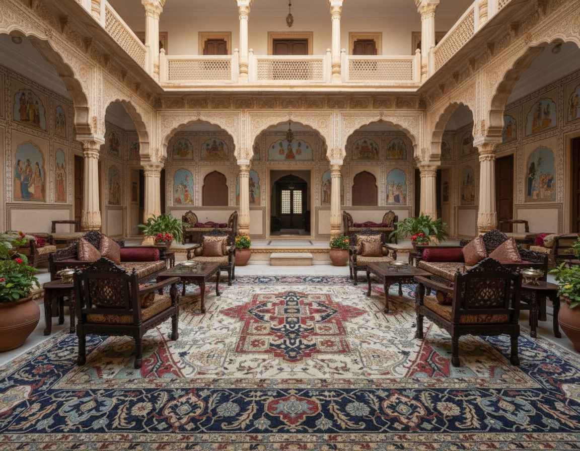 Magnificent Hand-Knotted Persian Inspired Heriz  Mugal Medallion Carpet with Traditional Floral and Geometric Motifs in Red, Navy, and Ivory
