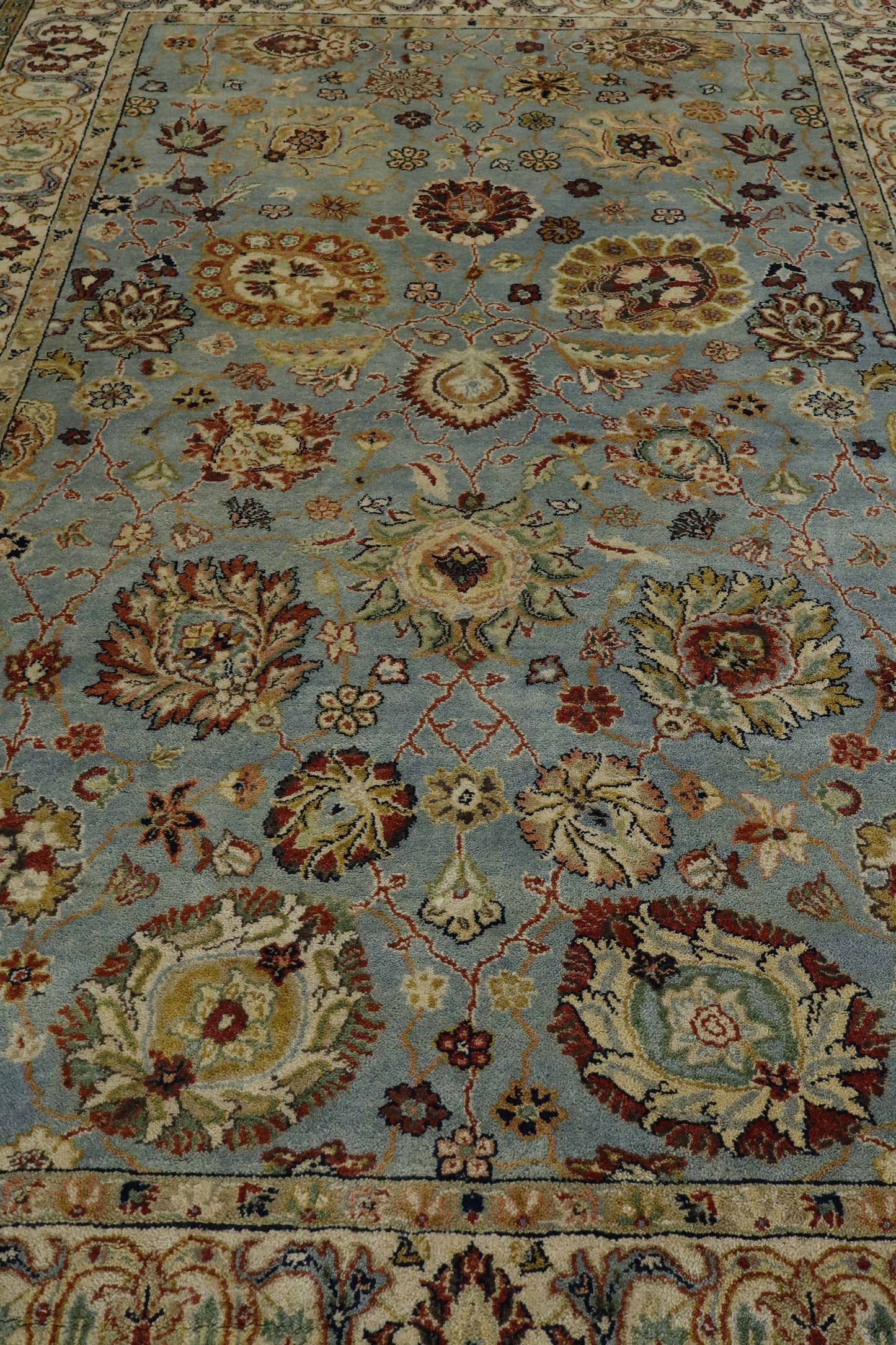 "Sage Blue Persian Oriental Area Rug – Floral Medallion Design, Hand-Knotted Traditional Carpet"