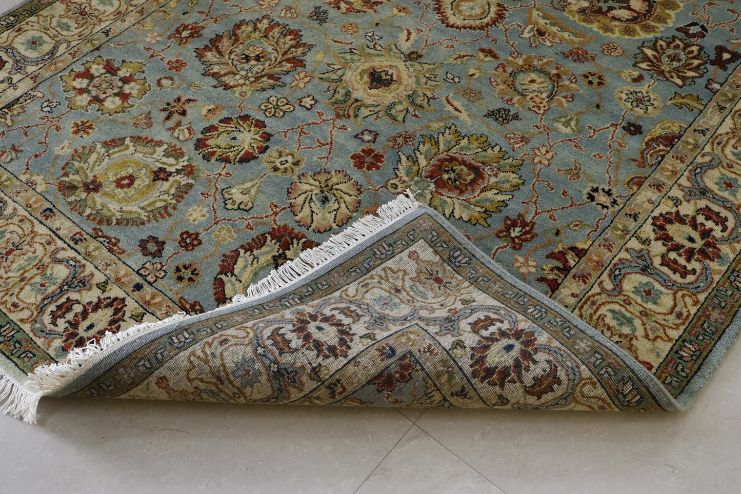 "Sage Blue Persian Oriental Area Rug – Floral Medallion Design, Hand-Knotted Traditional Carpet"