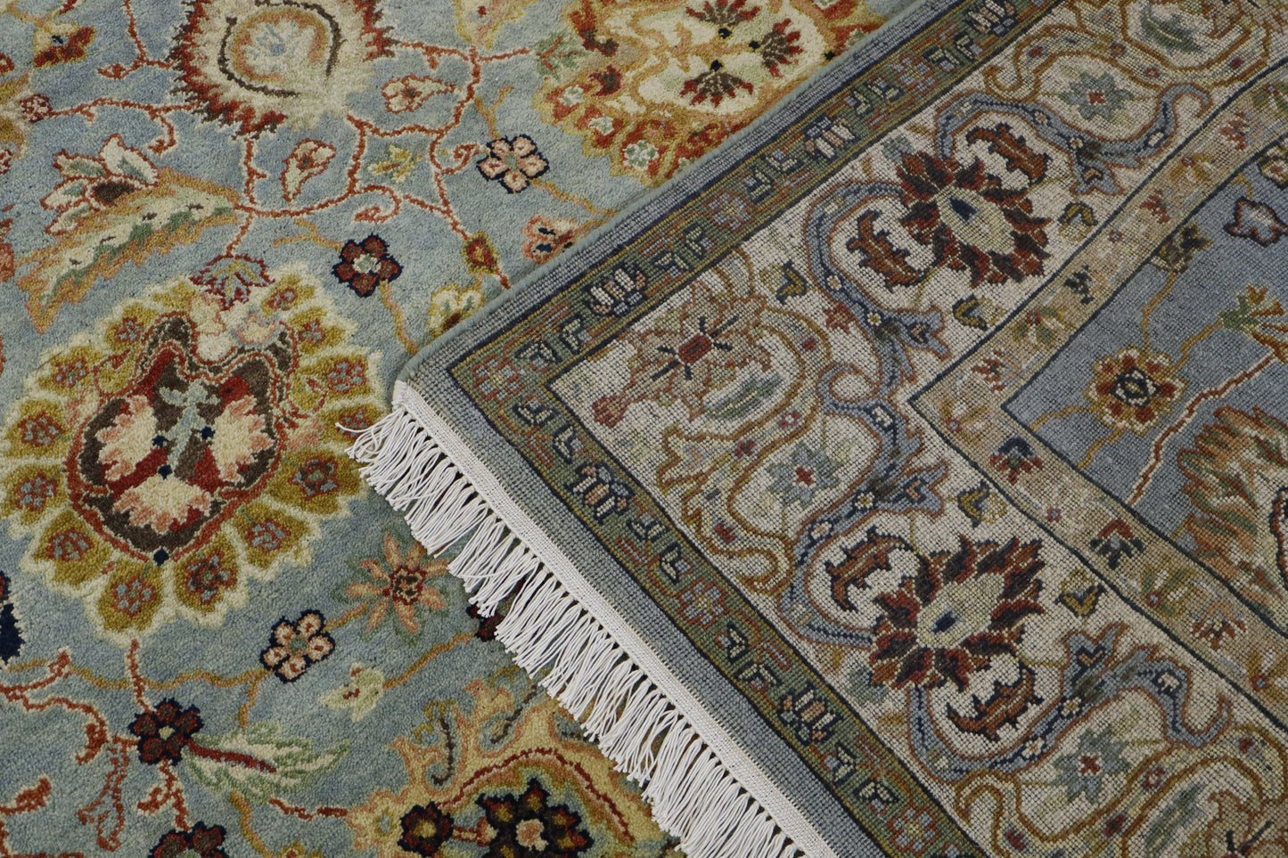 "Sage Blue Persian Oriental Area Rug – Floral Medallion Design, Hand-Knotted Traditional Carpet"