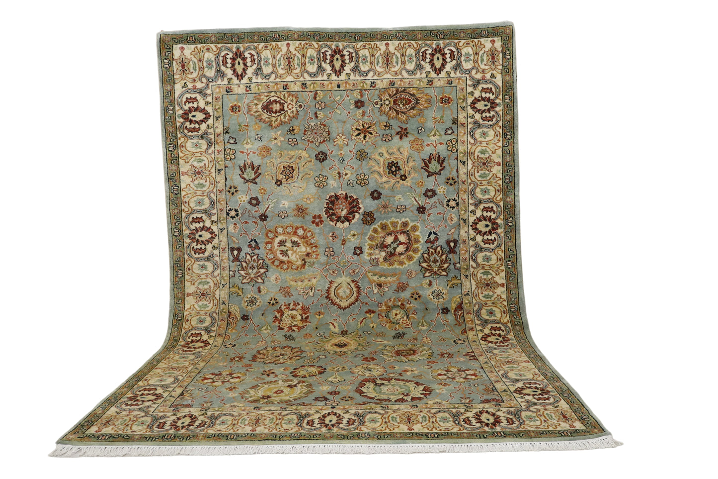 "Sage Blue Persian Oriental Area Rug – Floral Medallion Design, Hand-Knotted Traditional Carpet"