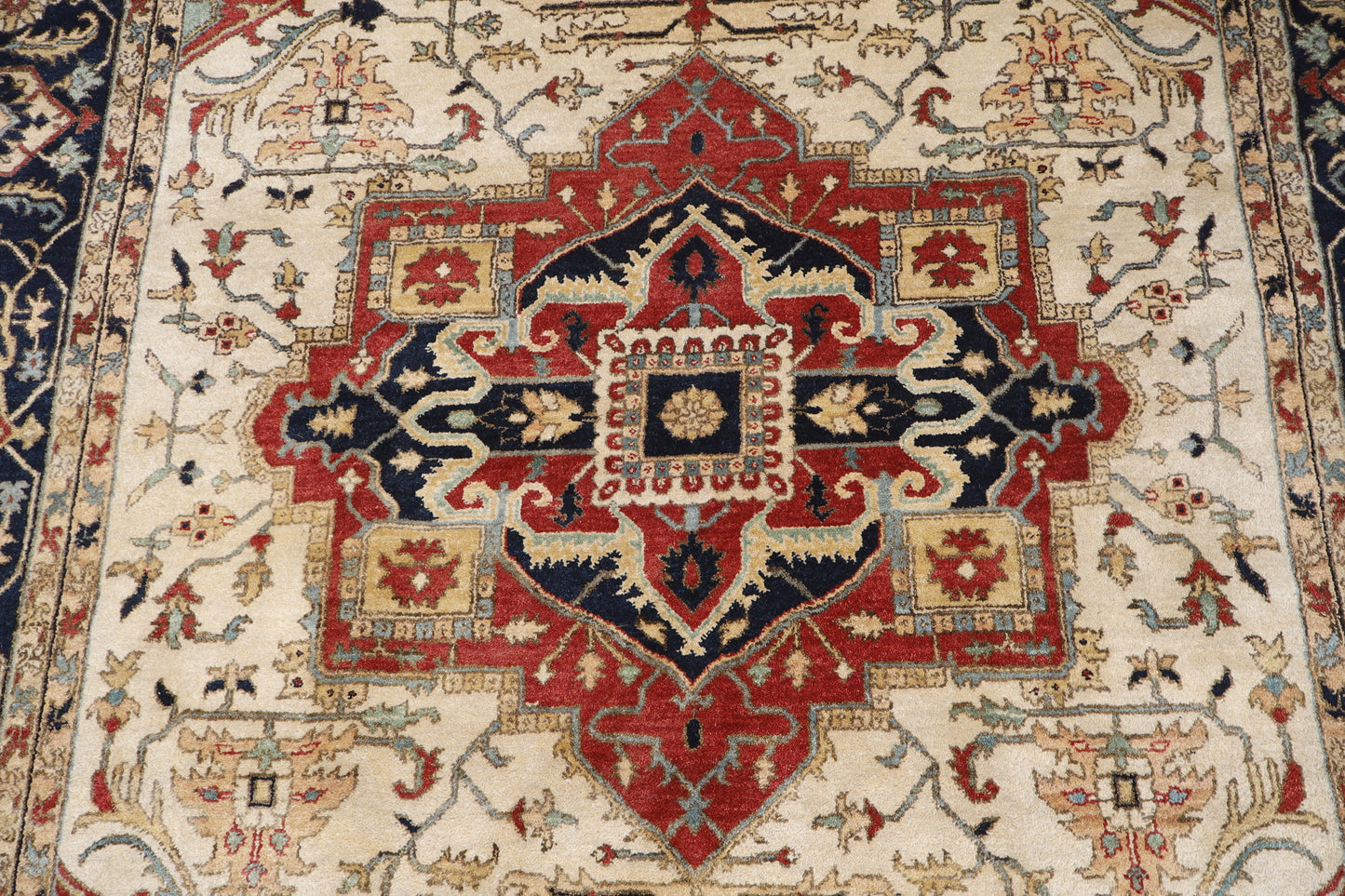 Magnificent Hand-Knotted Persian Inspired Heriz  Mugal Medallion Carpet with Traditional Floral and Geometric Motifs in Red, Navy, and Ivory