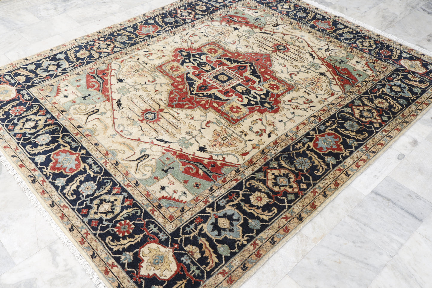 Magnificent Hand-Knotted Persian Inspired Heriz  Mugal Medallion Carpet with Traditional Floral and Geometric Motifs in Red, Navy, and Ivory