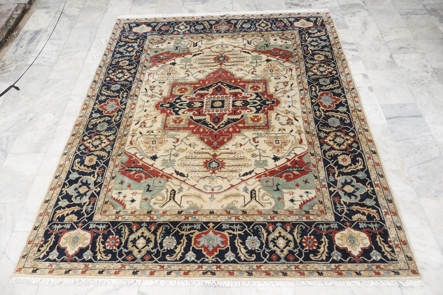 Magnificent Hand-Knotted Persian Inspired Heriz  Mugal Medallion Carpet with Traditional Floral and Geometric Motifs in Red, Navy, and Ivory