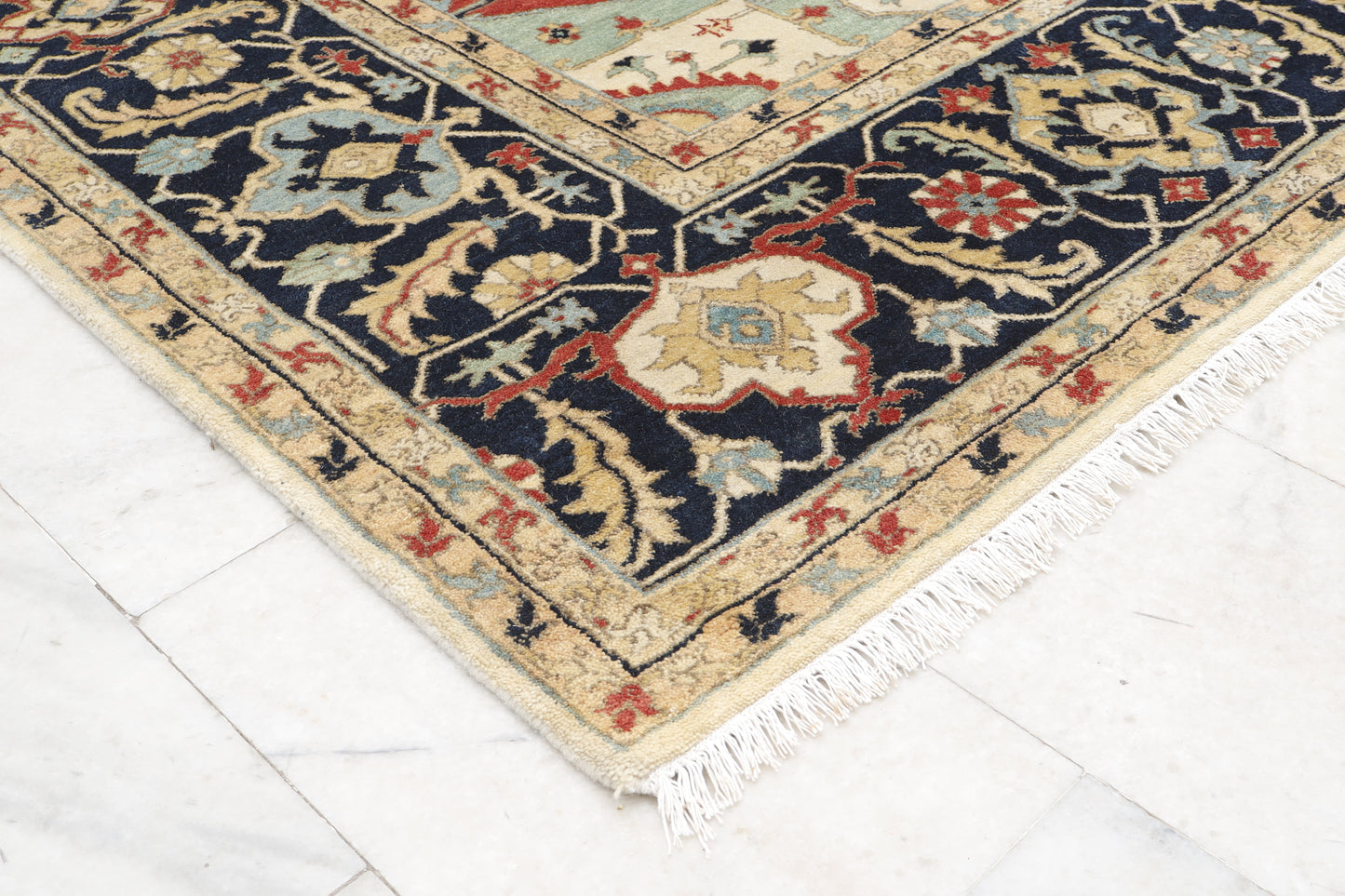 Magnificent Hand-Knotted Persian Inspired Heriz  Mugal Medallion Carpet with Traditional Floral and Geometric Motifs in Red, Navy, and Ivory