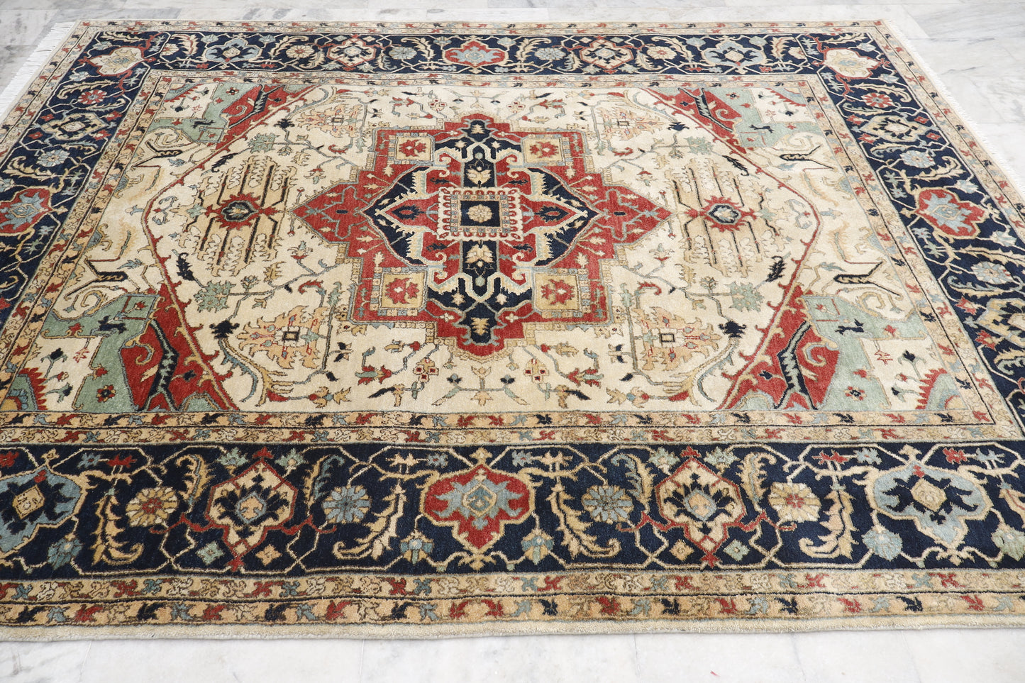 Magnificent Hand-Knotted Persian Inspired Heriz  Mugal Medallion Carpet with Traditional Floral and Geometric Motifs in Red, Navy, and Ivory