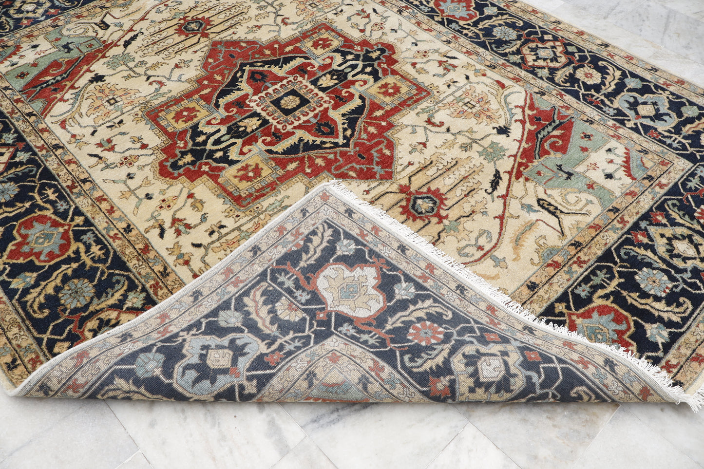 Magnificent Hand-Knotted Persian Inspired Heriz  Mugal Medallion Carpet with Traditional Floral and Geometric Motifs in Red, Navy, and Ivory