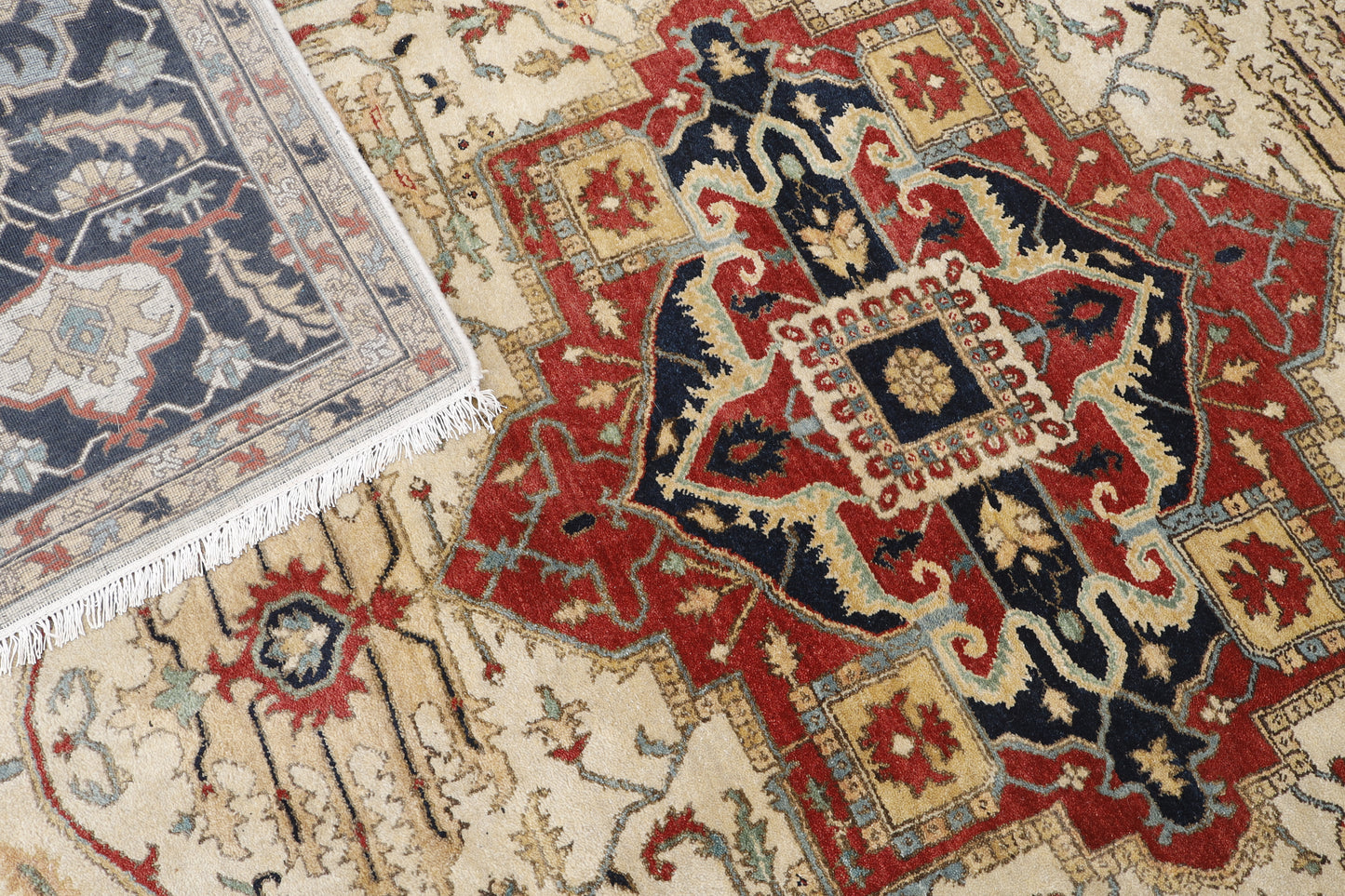 Magnificent Hand-Knotted Persian Inspired Heriz  Mugal Medallion Carpet with Traditional Floral and Geometric Motifs in Red, Navy, and Ivory