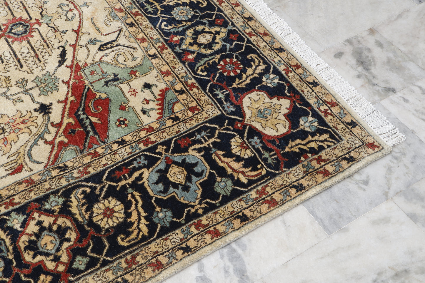 Magnificent Hand-Knotted Persian Inspired Heriz  Mugal Medallion Carpet with Traditional Floral and Geometric Motifs in Red, Navy, and Ivory