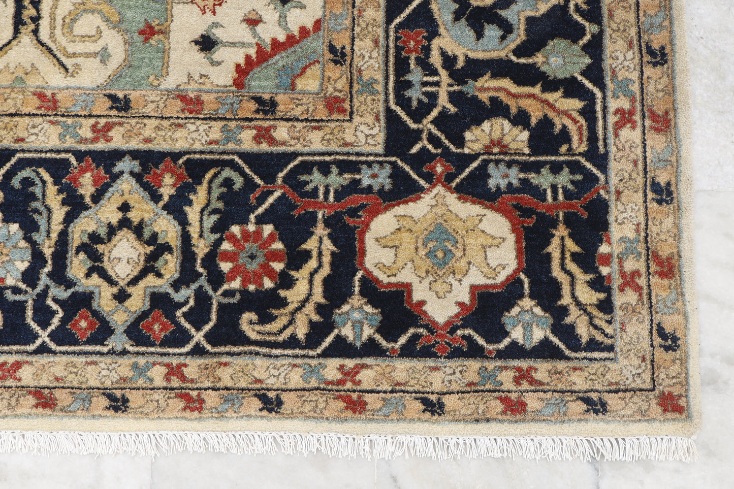 Magnificent Hand-Knotted Persian Inspired Heriz  Mugal Medallion Carpet with Traditional Floral and Geometric Motifs in Red, Navy, and Ivory