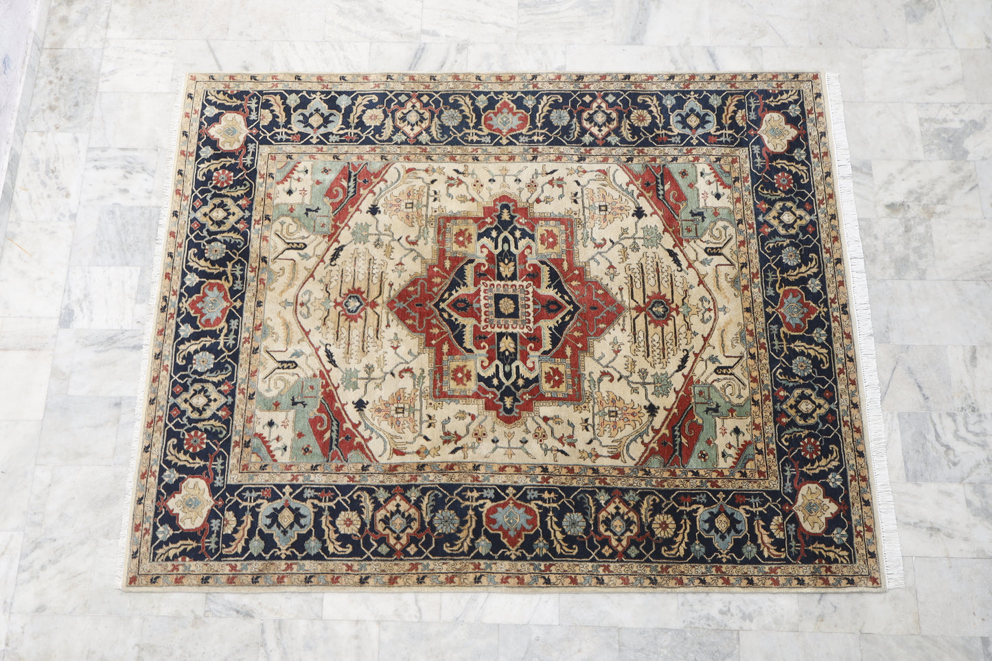 Magnificent Hand-Knotted Persian Inspired Heriz  Mugal Medallion Carpet with Traditional Floral and Geometric Motifs in Red, Navy, and Ivory