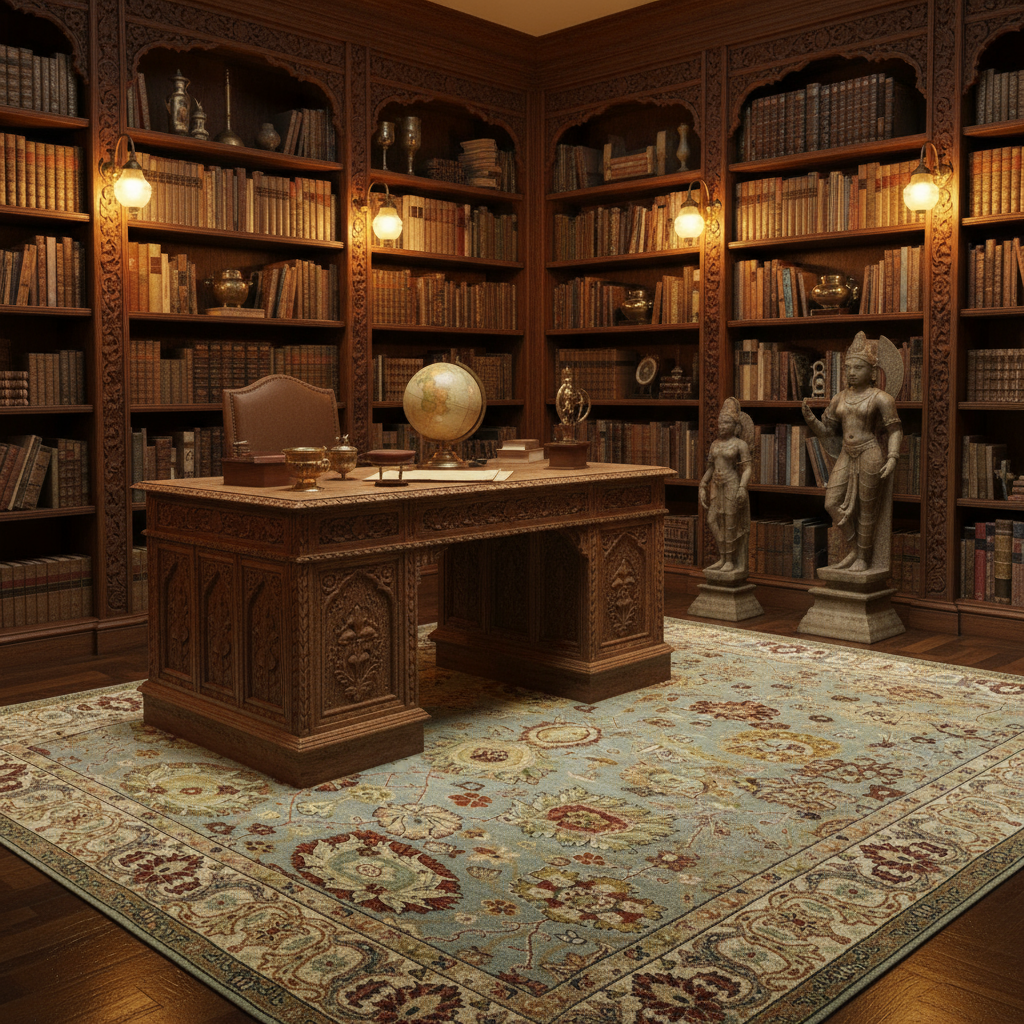 "Sage Blue Persian Oriental Area Rug – Floral Medallion Design, Hand-Knotted Traditional Carpet"