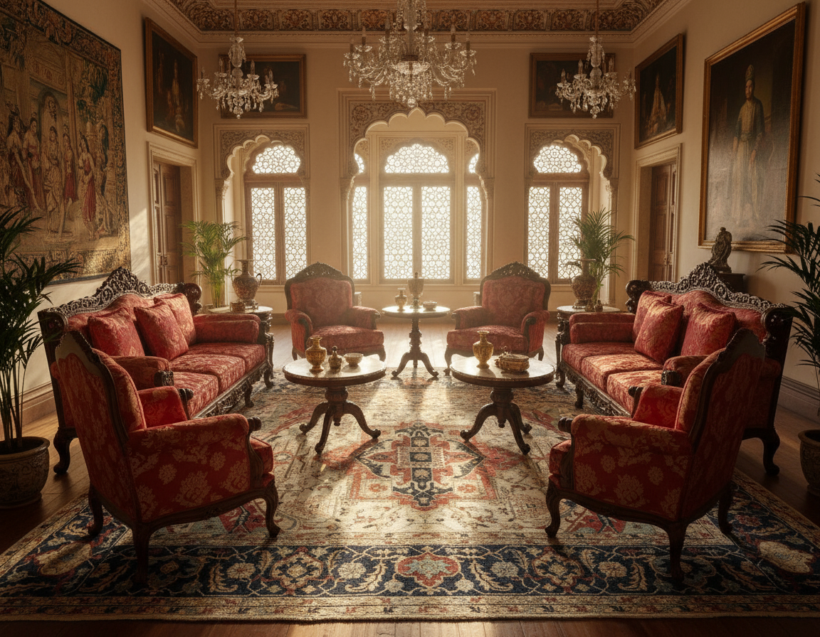 Magnificent Hand-Knotted Persian Inspired Heriz  Mugal Medallion Carpet with Traditional Floral and Geometric Motifs in Red, Navy, and Ivory