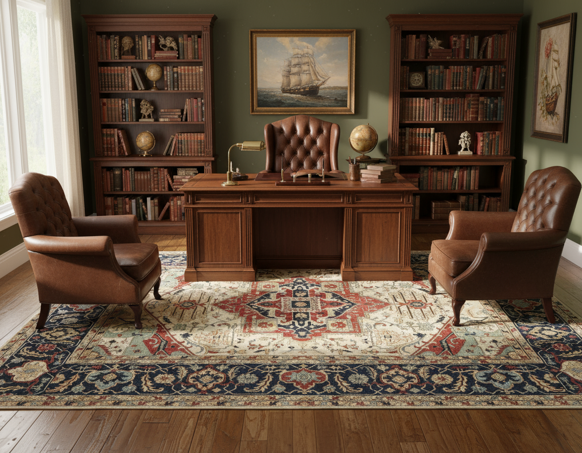 Magnificent Hand-Knotted Persian Inspired Heriz  Mugal Medallion Carpet with Traditional Floral and Geometric Motifs in Red, Navy, and Ivory