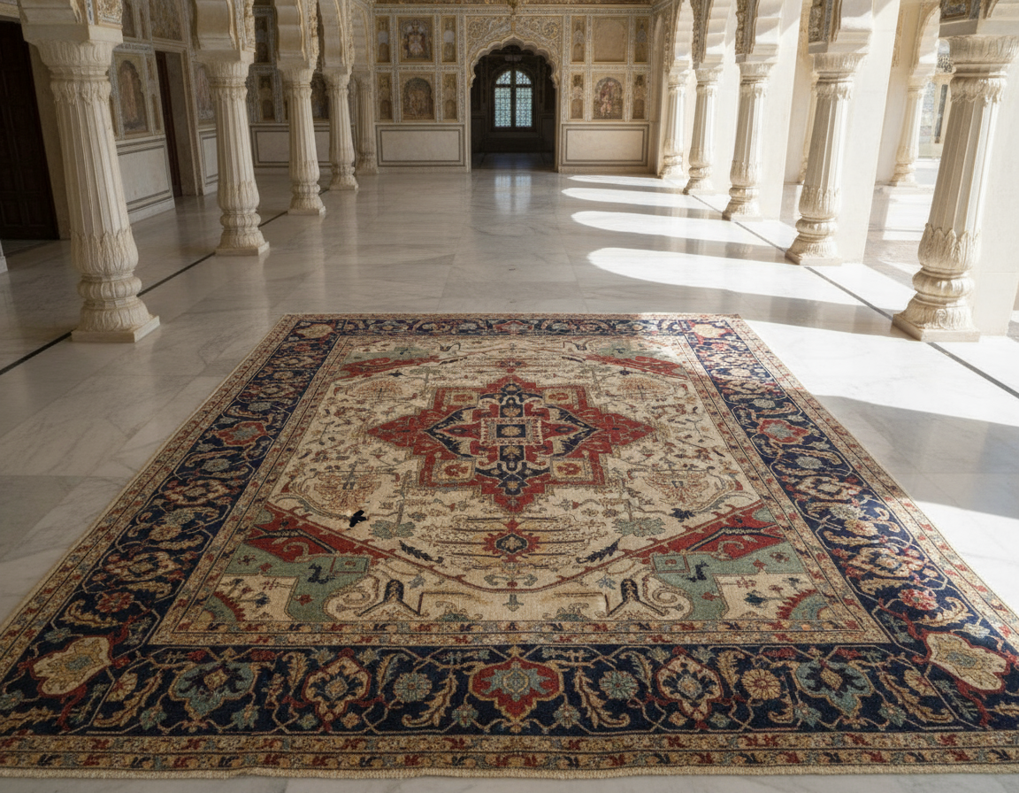 Magnificent Hand-Knotted Persian Inspired Heriz  Mugal Medallion Carpet with Traditional Floral and Geometric Motifs in Red, Navy, and Ivory