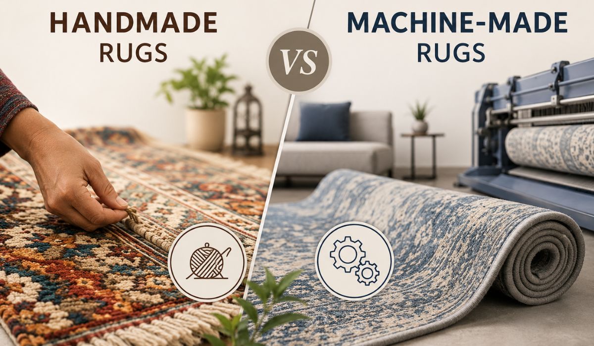 Comparison of handmade vs machine-made rugs showing handcrafted rug weaving and machine production process