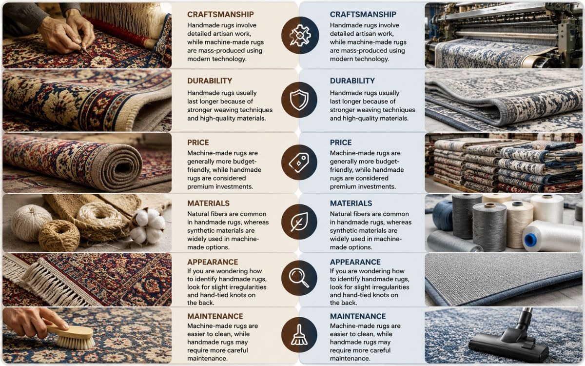 Key Differences Between Handmade and Machine-Made Rugs Comparison chart showing key differences between handmade and machine-made rugs including craftsmanship, durability, price, materials, appearance, and maintenance