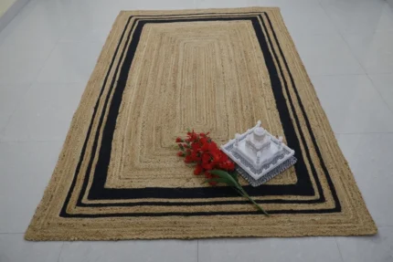 Handwoven Jute Area Rug – Natural Beige with Black Border Frame