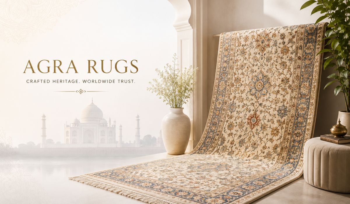 Traditional Agra handmade rugs displayed near the Taj Mahal showcasing heritage craftsmanship and premium rug designs