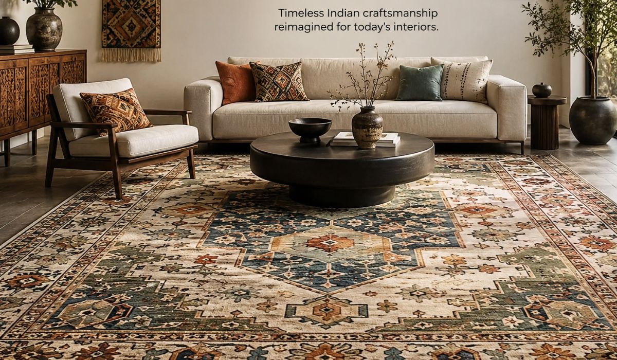Elegant living room featuring a heritage-inspired handmade rug with traditional Indian patterns and modern interior styling