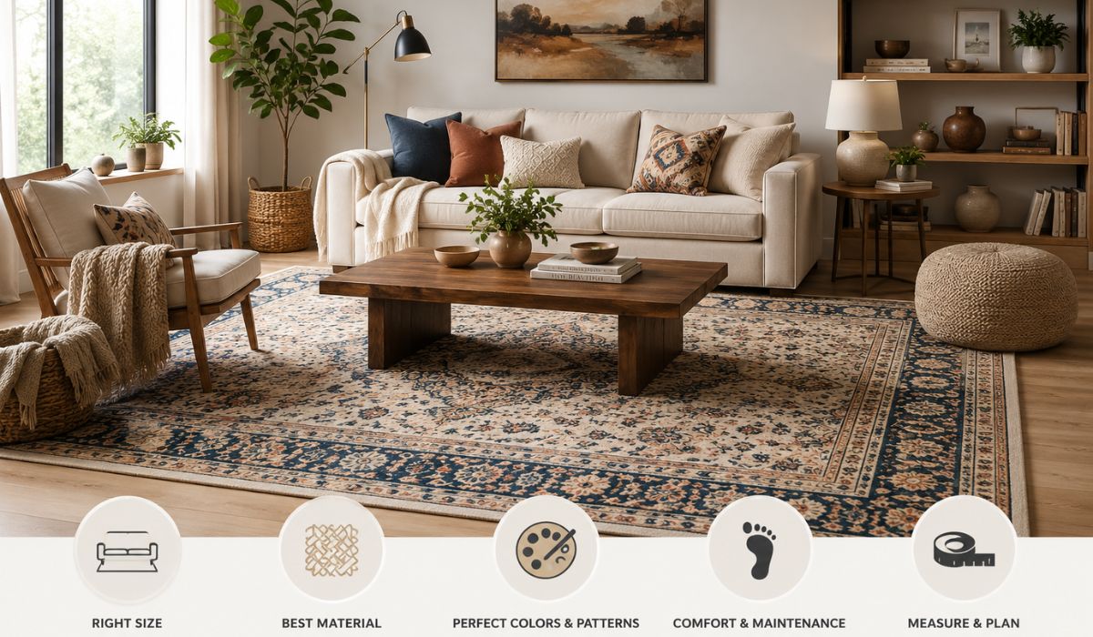 Modern living room featuring a decorative area rug with tips for choosing the perfect rug based on size, texture, color, comfort, and layout