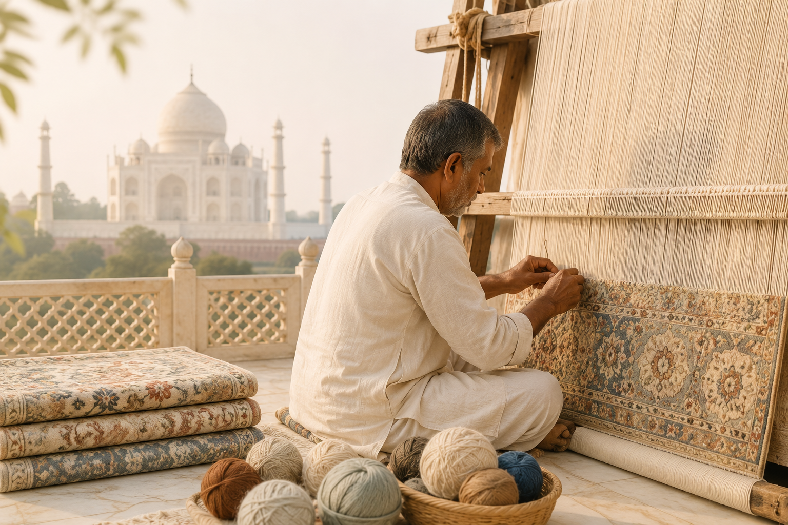 Agra artisan weaving a handmade rug near the Taj Mahal showcasing traditional rug craftsmanship and heritage techniques