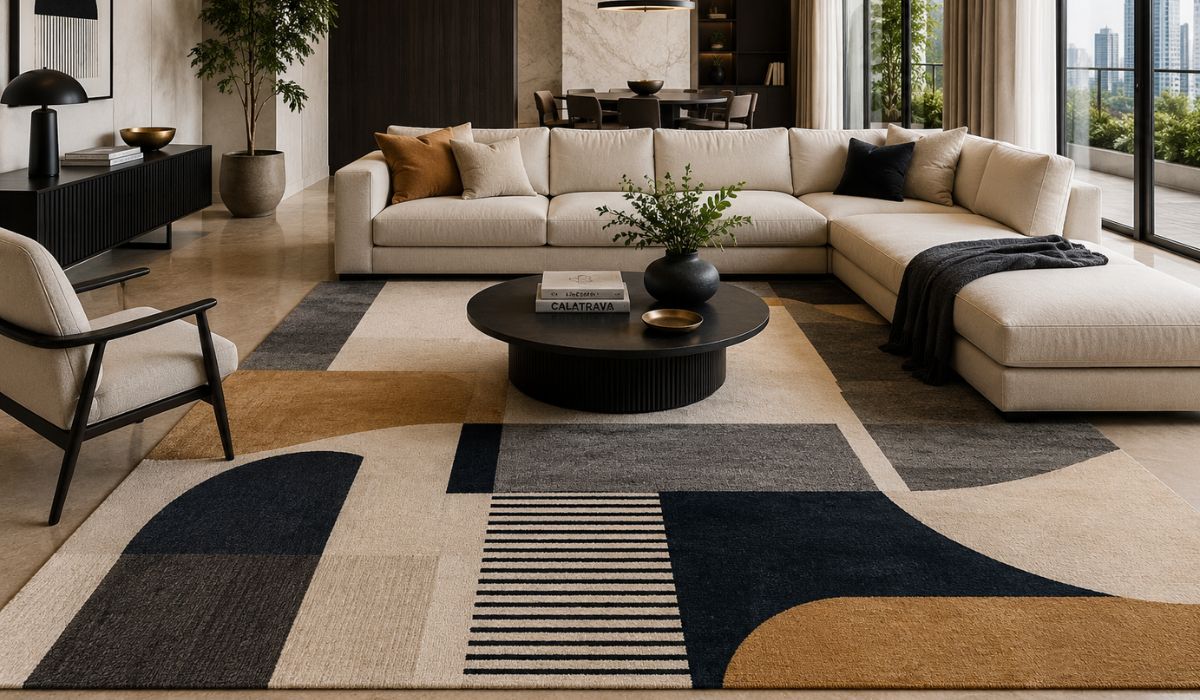 Contemporary living room featuring a modern geometric and abstract handmade rug with neutral and bold design elements