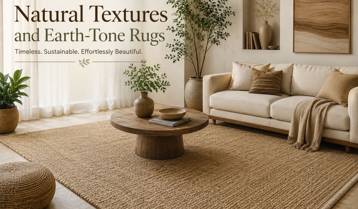 A warm and elegant living room designed with natural textures and earth-tone rugs that create a timeless and sustainable interior aesthetic. The neutral color palette, organic materials, and handcrafted styling reflect modern home décor trends.