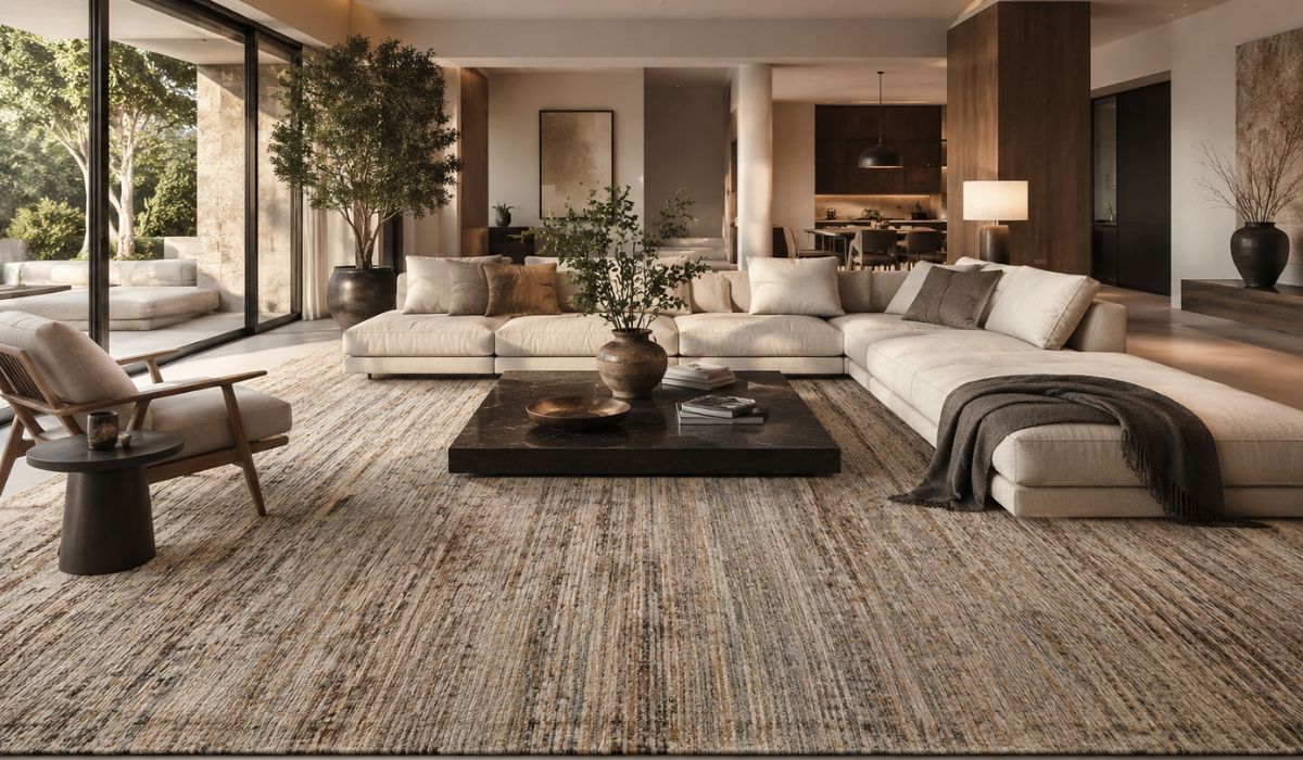 Spacious modern living room featuring an oversized handmade rug designed to create visual impact and warmth