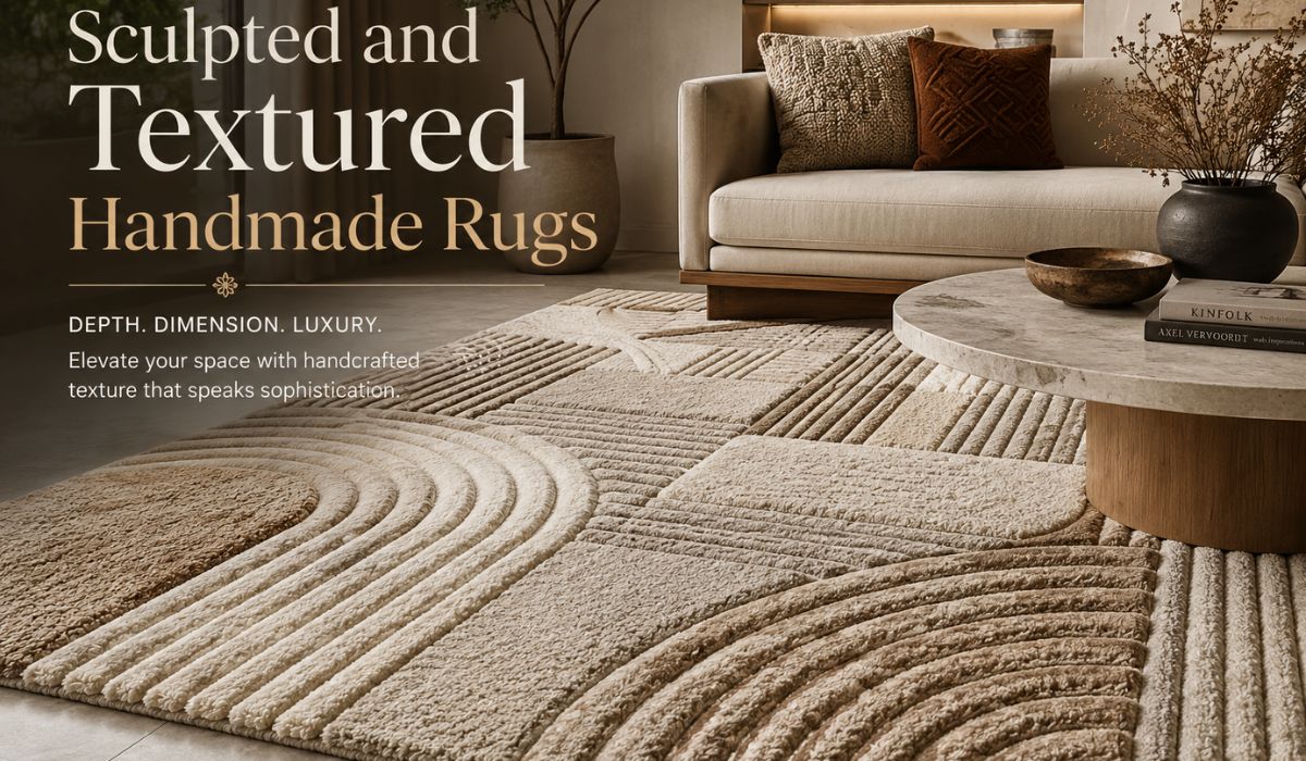 Modern living room featuring sculpted and textured handmade rugs with raised patterns and luxury interior styling