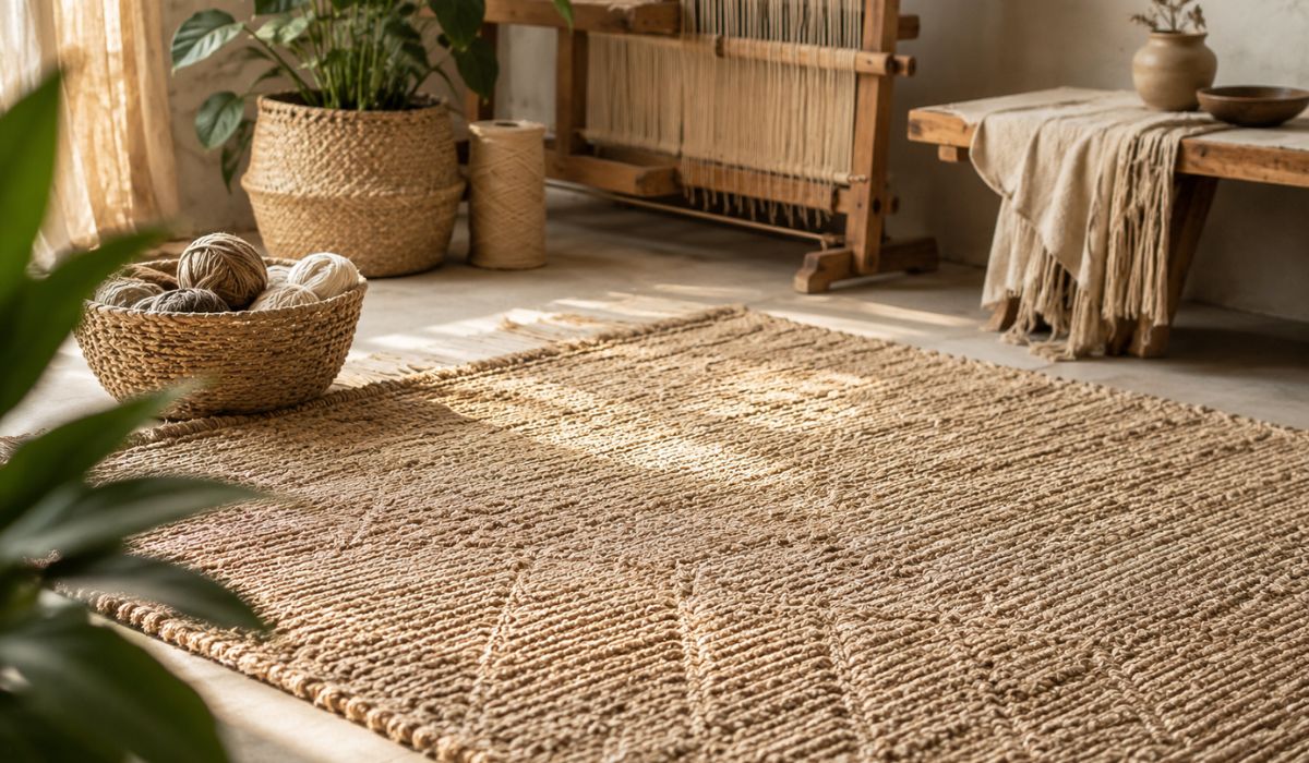 Handcrafted sustainable artisan-made rug created with natural materials in a warm and eco-friendly interior setting
