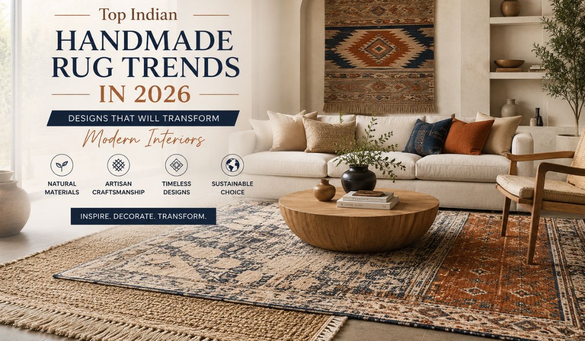 Modern living room featuring top Indian handmade rug trends in 2026 with artisan craftsmanship and sustainable rug designs