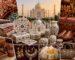 Collection of Agra handicrafts featuring marble inlay art, handmade rugs, leather products, wooden carvings, jewelry, embroidered textiles, and traditional souvenirs