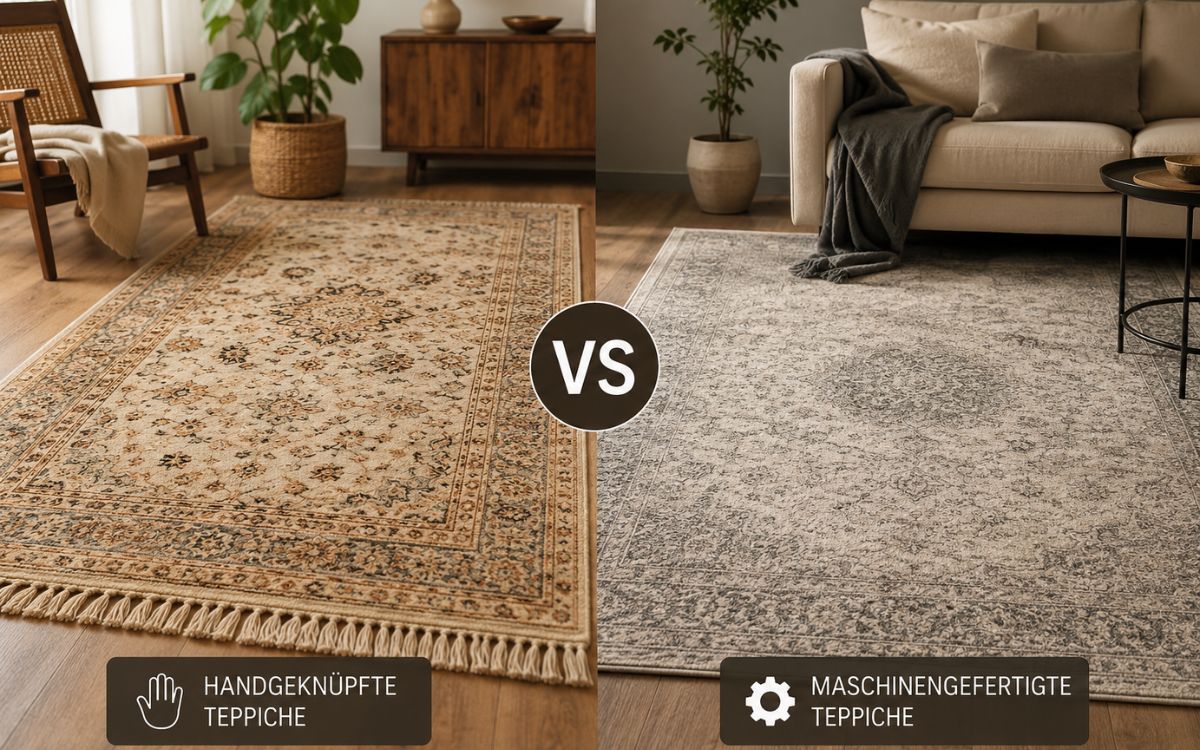 Vergleich zwischen handgeknüpften und maschinengefertigten Teppichen in einem modernen Wohnzimmer