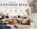 Modern living room with a custom area rug, rug material samples, color swatches, and design plans illustrating how to customize rugs.