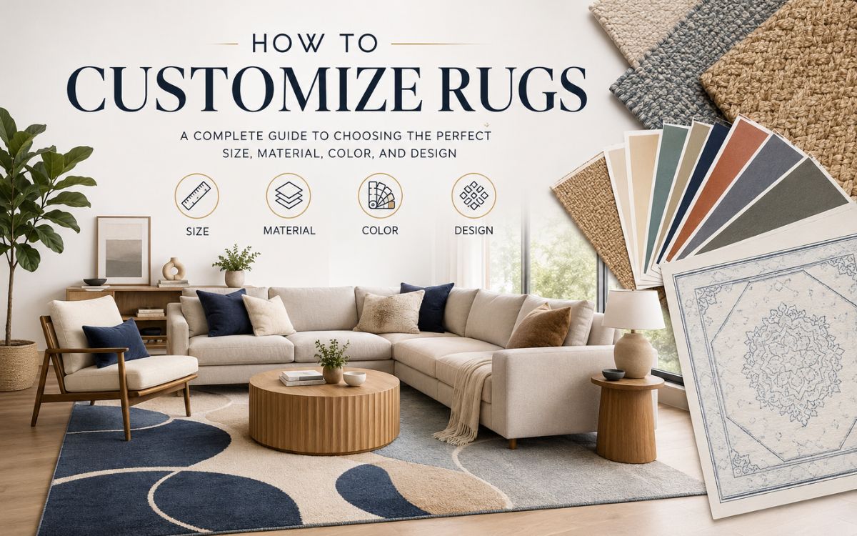 Modern living room with a custom area rug, rug material samples, color swatches, and design plans illustrating how to customize rugs.