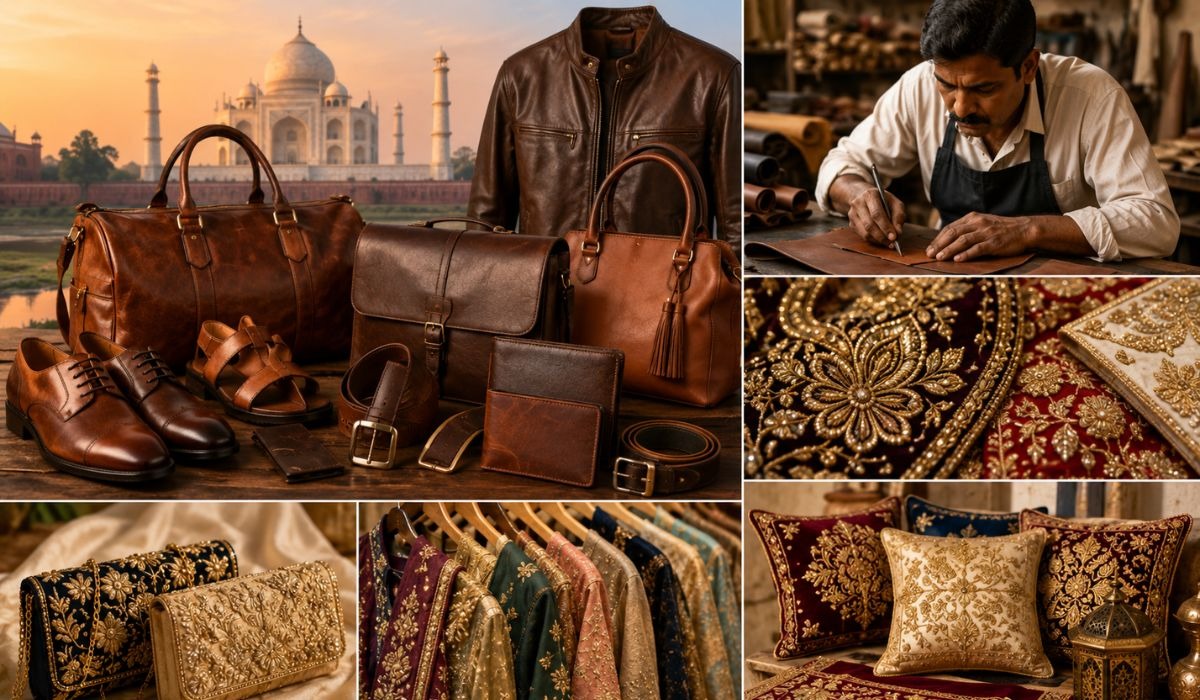 Premium leather bags, shoes, wallets, handcrafted accessories, embroidered textiles, artisan craftsmanship, and traditional Agra shopping products