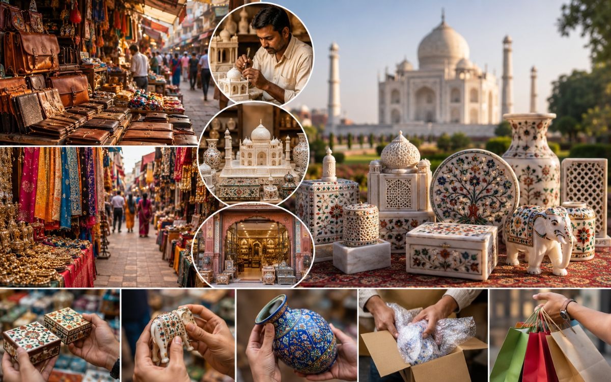 Traditional handicraft markets in Agra featuring marble inlay products, artisan workshops, leather goods, decorative items, and souvenir shopping near the Taj Mahal