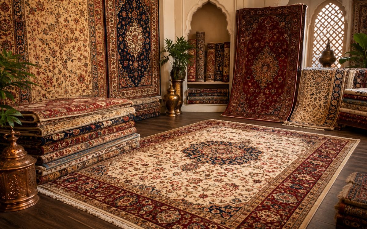 Traditional handwoven carpets and rugs displayed in an Agra showroom featuring intricate floral patterns, Persian-inspired designs, and artisan craftsmanship