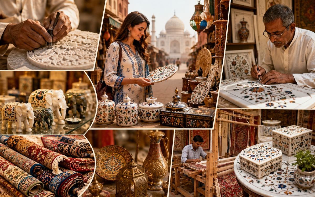 Collage of authentic Agra handicrafts featuring marble inlay art, handmade rugs, artisan workshops, decorative marble boxes, brass crafts, and souvenir shopping near the Taj Mahal