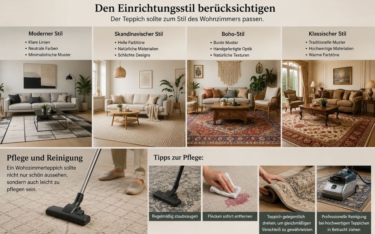 Infografik zur Auswahl eines Wohnzimmerteppichs mit Einrichtungsstilen sowie Pflege- und Reinigungstipps
