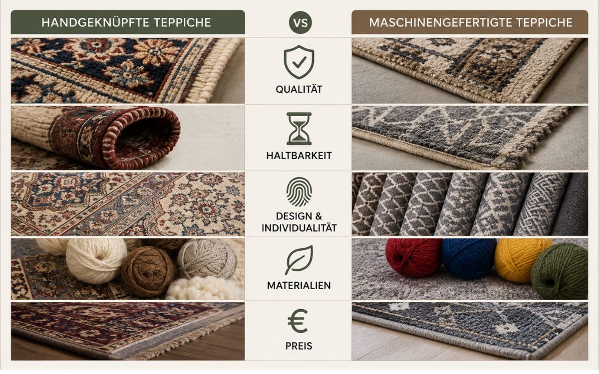 Infografik zum Vergleich von handgeknüpften und maschinengefertigten Teppichen nach Qualität, Haltbarkeit, Design, Materialien und Preis