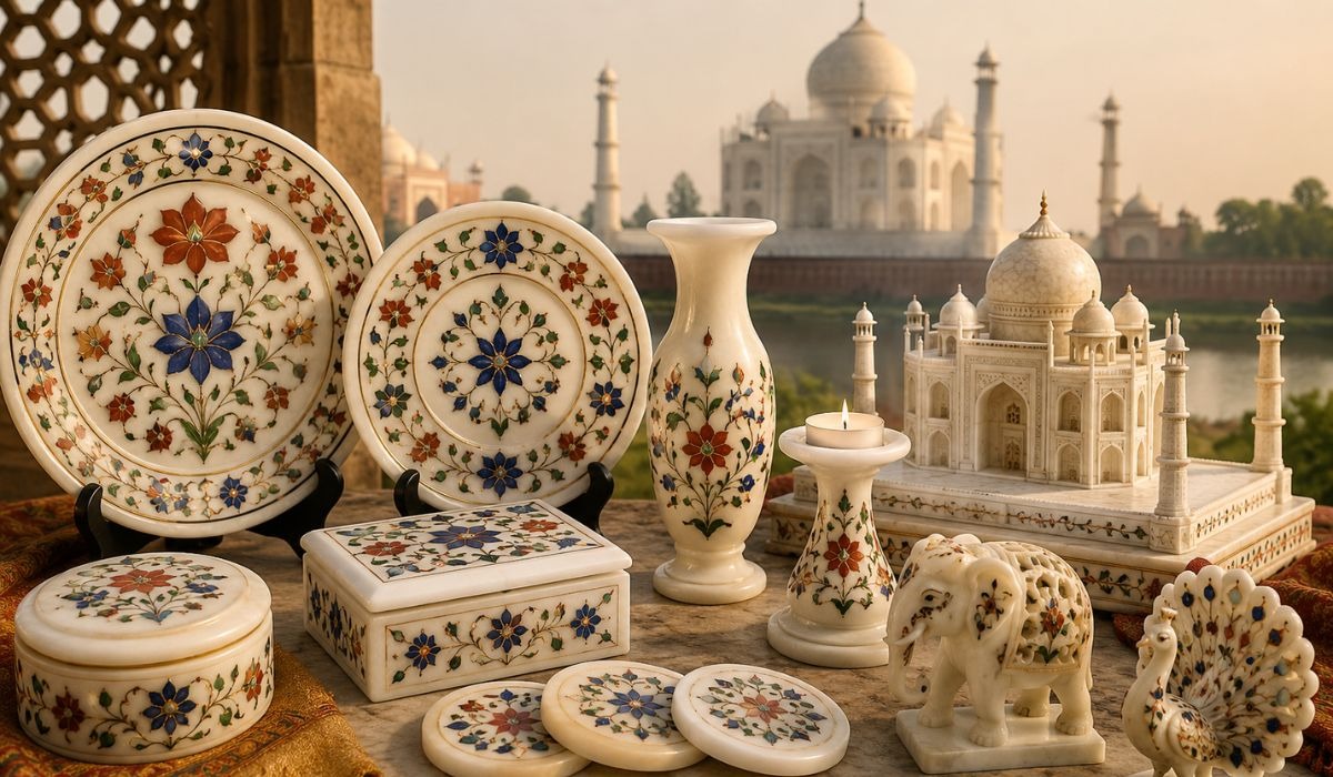 Handcrafted marble inlay artwork in Agra featuring decorative plates, vases, marble boxes, miniature Taj Mahal replicas, and floral stone inlay designs