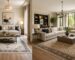 Comparison of carpet sizes in small and large living rooms showing proper rug placement under sofas and coffee tables