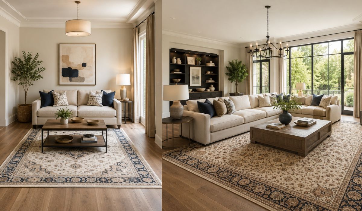 Comparison of carpet sizes in small and large living rooms showing proper rug placement under sofas and coffee tables