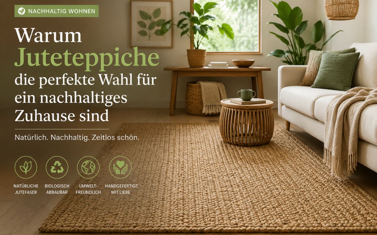 Handgewebter Juteteppich in einem modernen Wohnzimmer als nachhaltige und umweltfreundliche Bodenlösung.
